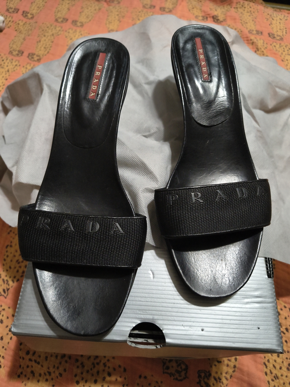 Prada Black Leather Slide Mules with Embossed Strap Size 40. 10/11